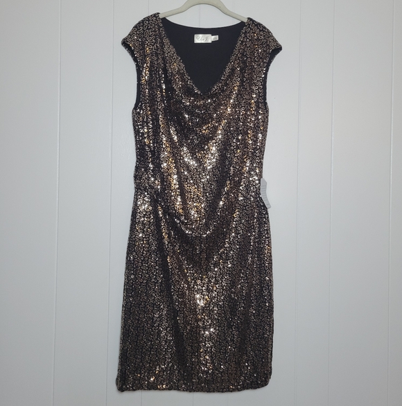 NEW Eliza J Sequin Dress Cowl Neckline Sleeveless Black Gold Cocktail Party 14W - Picture 2 of 13